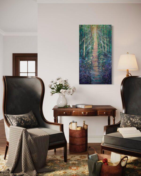 Acrylgemälde mit dunklen, moosigen Farbtönen und organischer Struktur; inspiriert von der Atmosphäre eines uralten Waldes – geheimnisvoll, still und voller symbolischer Tiefe.