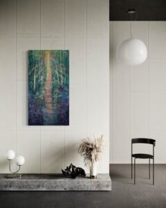 Acrylgemälde mit dunklen, moosigen Farbtönen und organischer Struktur; inspiriert von der Atmosphäre eines uralten Waldes – geheimnisvoll, still und voller symbolischer Tiefe.