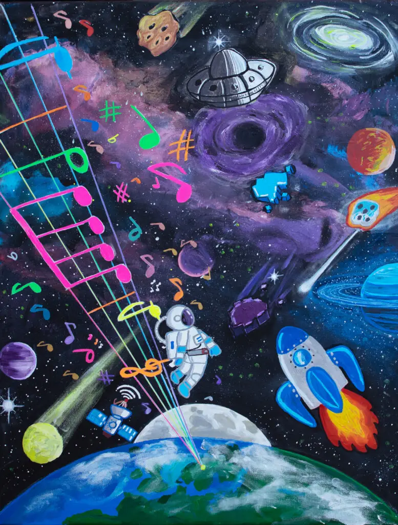 Farbenfrohes Acrylgemälde im Comicstil mit räumlicher Tiefe und vielen kleinen Szenen; detailreiche Darstellung musikalischer Vielfalt und grenzenloser Verbindung, inspiriert von der Kraft der Musik als universelle Sprache.