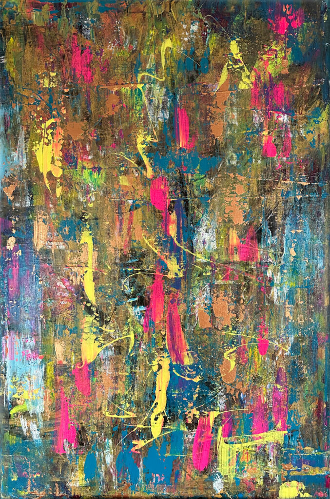 Acrylgemälde in warmen Herbstfarben mit fließenden Übergängen; zeigt die natürliche Schönheit des beginnenden Herbstes – weiches Licht, goldene Töne und die stille Veränderung in der Landschaft.