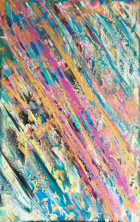 Acrylgemälde mit fließenden, leichten Farbverläufen; inspiriert von einem sanften Sommerregen – Darstellung von Wärme, Leichtigkeit und der belebenden Kraft der Natur.