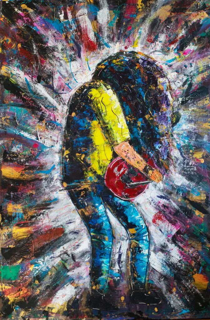 Acrylgemälde mit expressiver Struktur und dynamischer Farbwirkung; gewidmet allen Metal-Gitarristen, die als künstlerische Inspiration dienen – abstrakte Hommage an Klang, Energie und musikalischen Ausdruck.