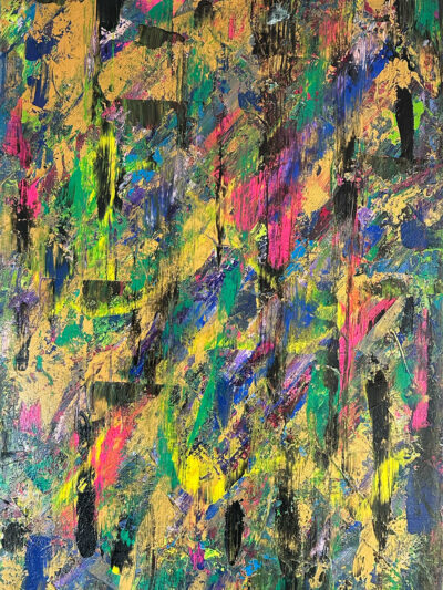 Acrylgemälde in intensiven Urwaldfarben mit leuchtenden Blüten und dichter, lebendiger Struktur; Darstellung eines Abenteuers in tropischer Natur – inspiriert von der Kraft, Schönheit und Vielfalt eines wilden, blühenden Dschungels.