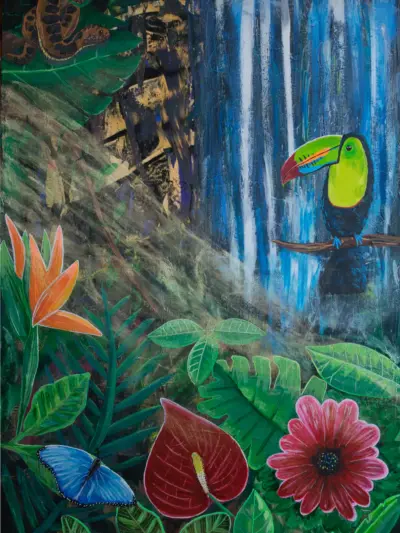 Welcome to the jungle - Tukan, wilde Blumen und ein Wasserfall im Dschungel. Original Gemälde.
