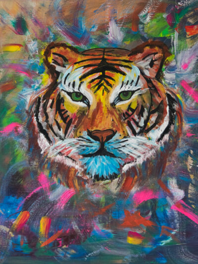 Aus den Tiefen der Seele blickt der Hüter der Urkraft. Still, wachsam – ein Spiegel der inneren Wildnis. Abstrakter Tiger Acryl auf Leinwand