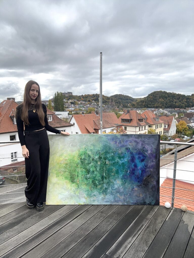 Abstraktes grün, blau und lila Gemälde