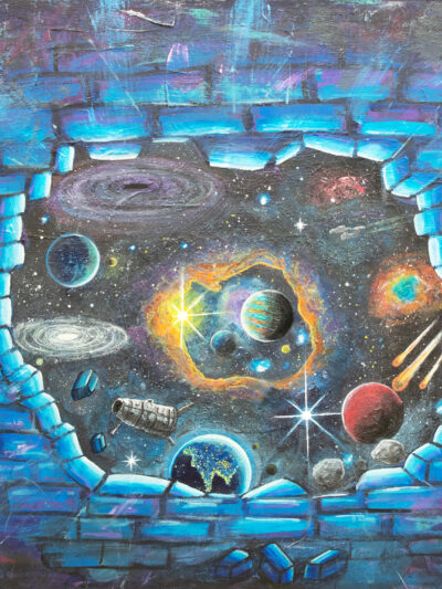 Kosmisches Original Kunstwerk mit mystischen Farben und einem Blick in eine ferne, unbekannte Zeit.